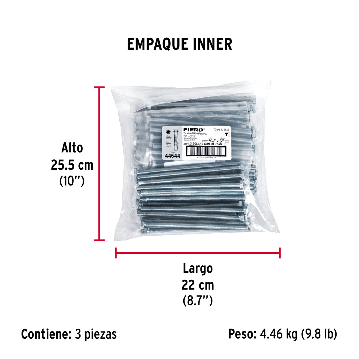 Tornillo acero galvanizado tipo máquina, 5/16X6", 30 pzas