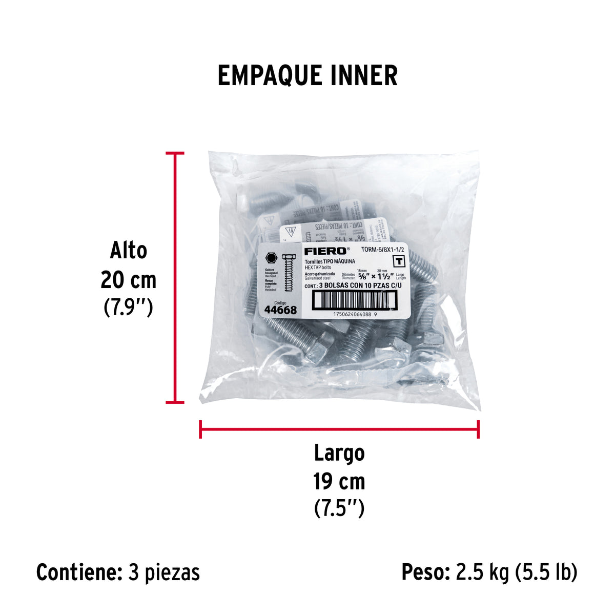 Tornillo acero galvanizado tipo máquina, 5/8X1-1/2", 10 pzas