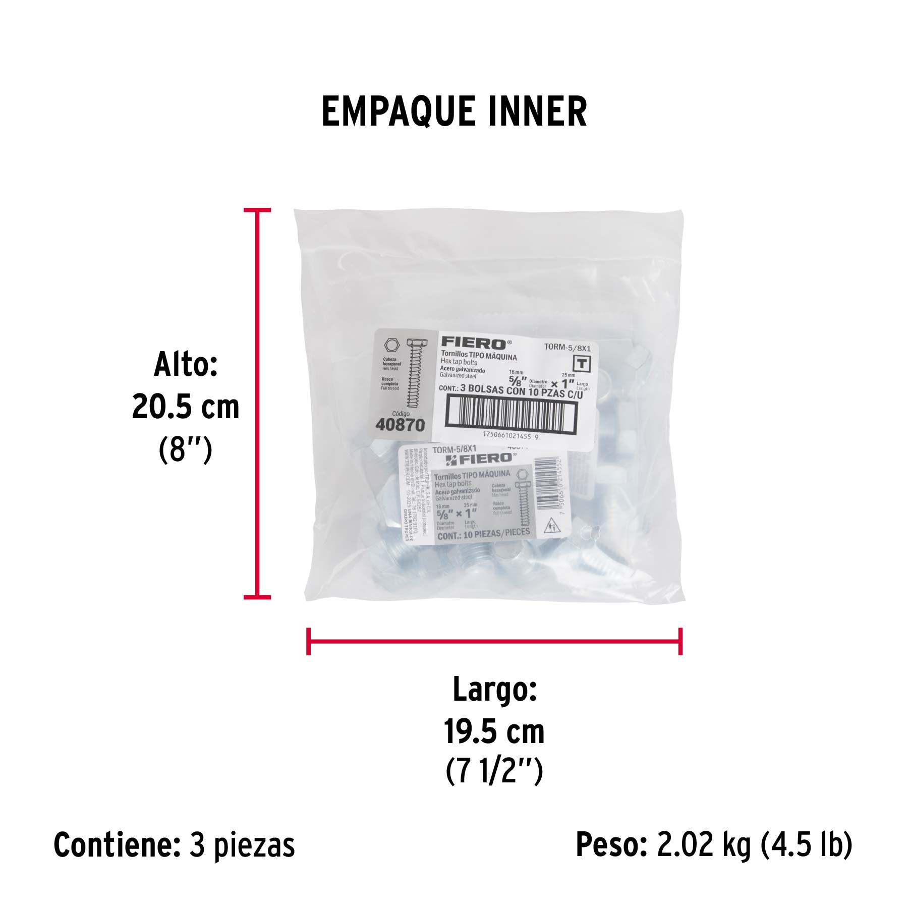 Bolsa con 10 tornillos 5/8' x 1' tipo máquina, FIERO