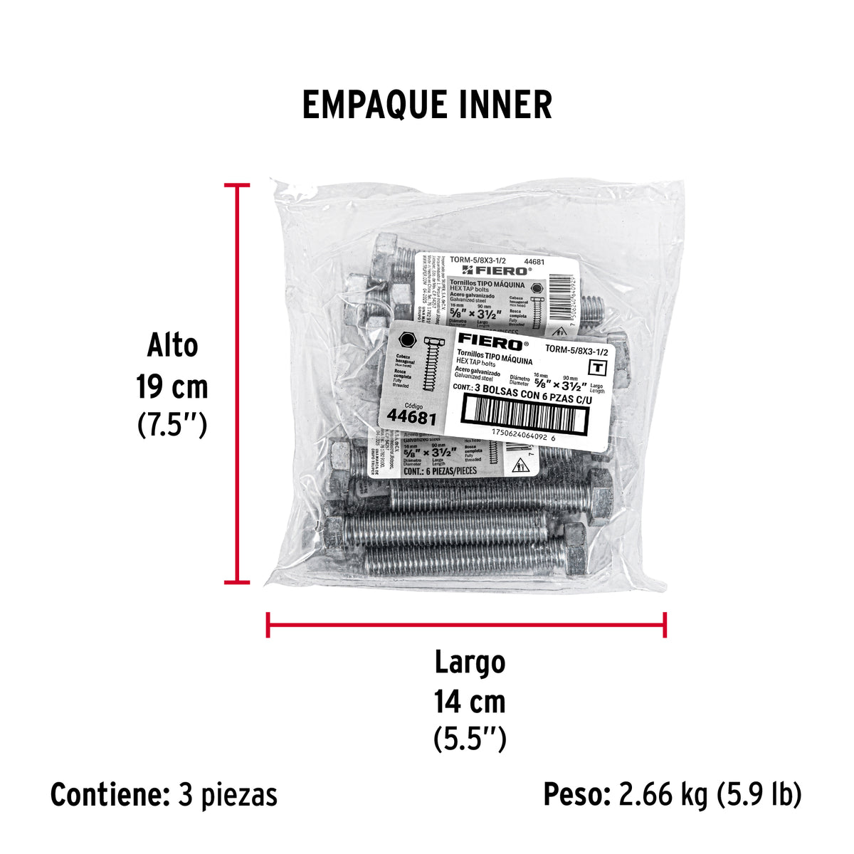 Tornillo acero galvanizado tipo máquina, 5/8X3-1/2", 6 pzas