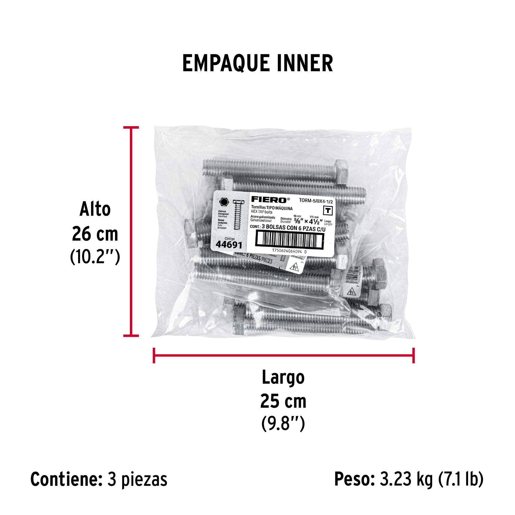 Tornillo acero galvanizado tipo máquina, 5/8X4-1/2", 6 pzas