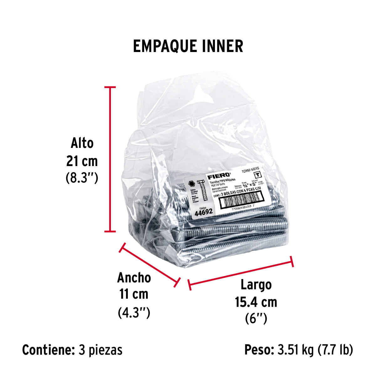 Tornillo acero galvanizado tipo máquina, 5/8X5", 6 pzas
