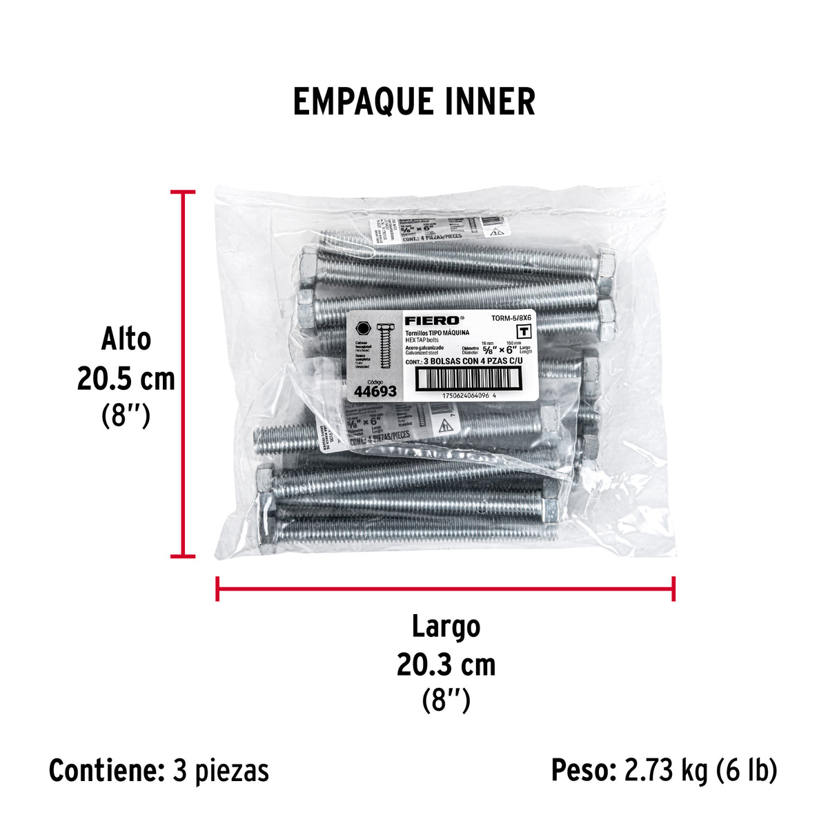 Tornillo acero galvanizado tipo máquina, 5/8X6", 4 pzas
