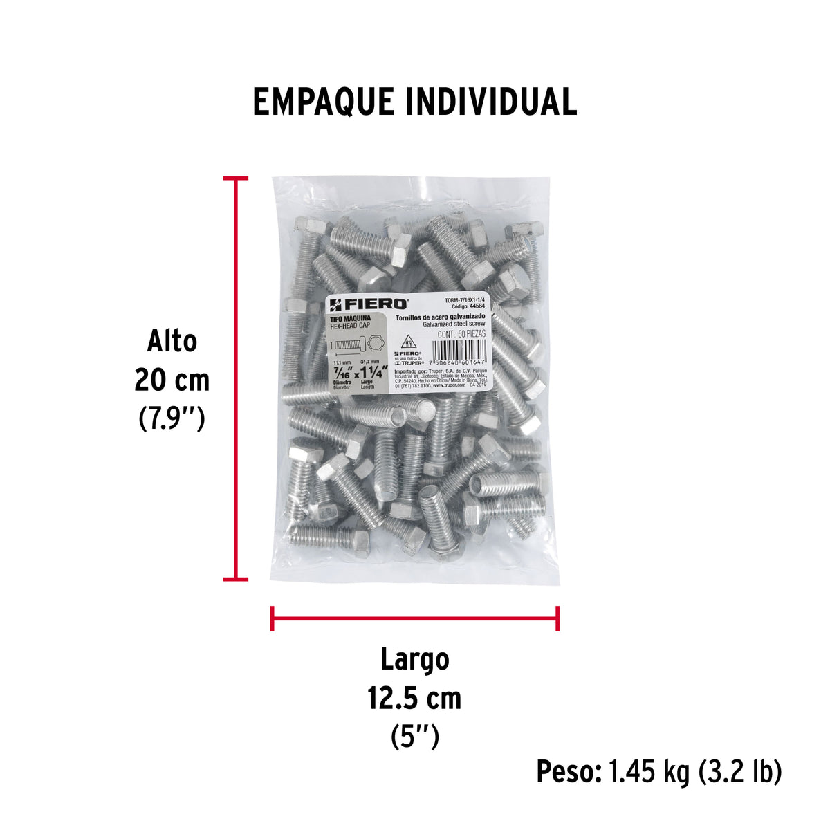 Tornillo acero galvanizado tipo máquina 7/16x1 1/4",50 pzas
