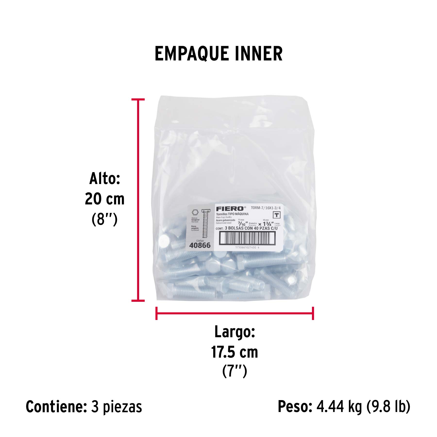 Bolsa con 40 tornillos 7/16' x 1-3/4' tipo máquina, FIERO