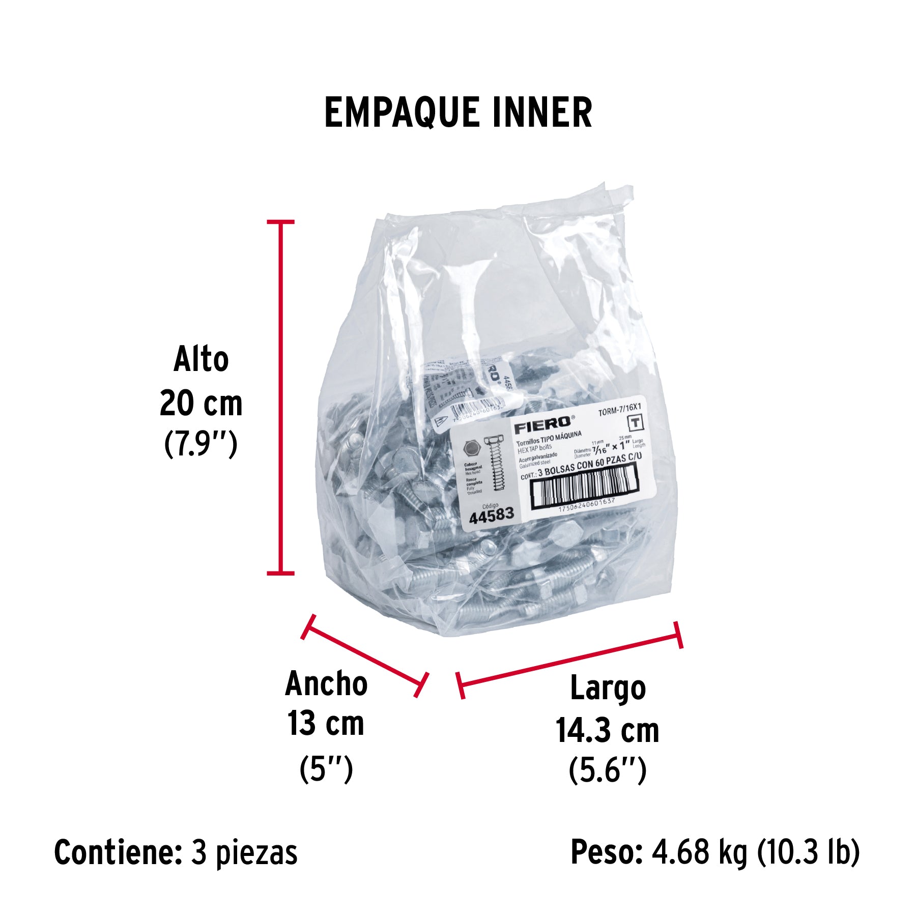 Tornillo acero galvanizado tipo máquina 7/16x1", 60 pzas