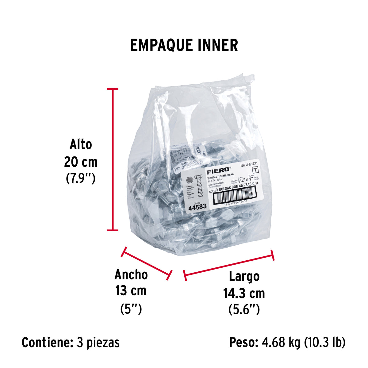 Tornillo acero galvanizado tipo máquina 7/16x1", 60 pzas