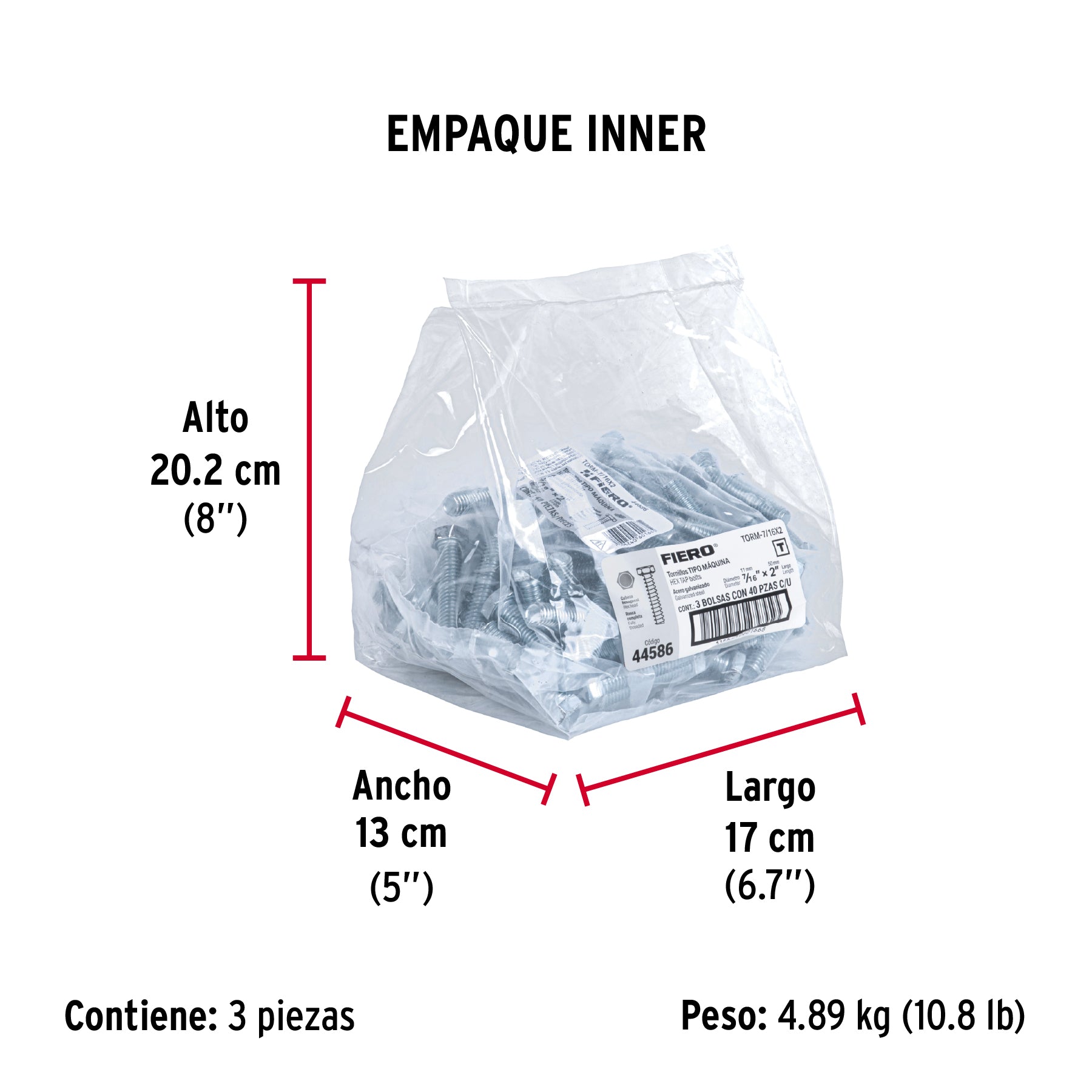 Tornillo acero galvanizado tipo máquina 7/16x2", 40 pzas
