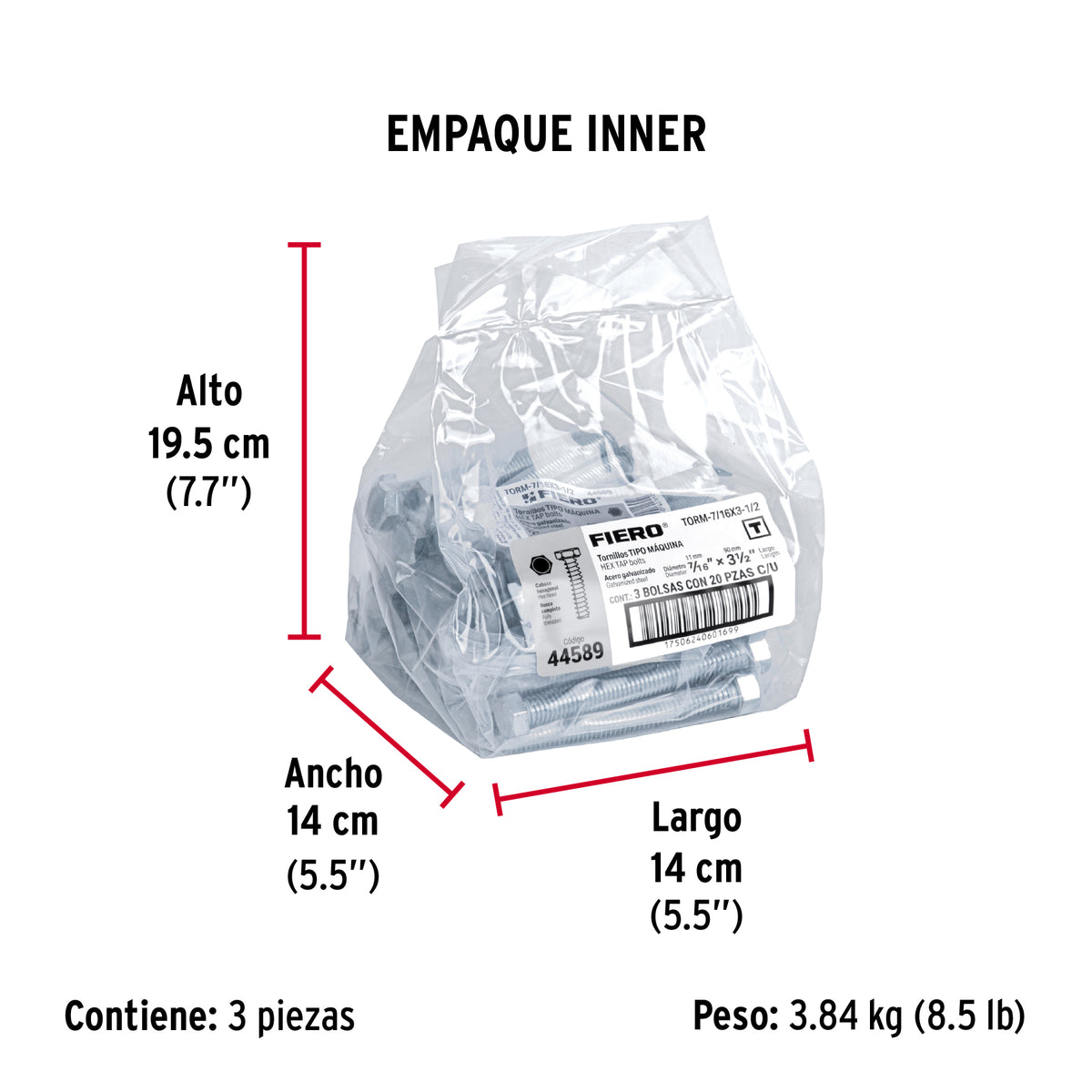 Tornillo acero galvanizado tipo máquina 7/16x3 1/2",20 pzas