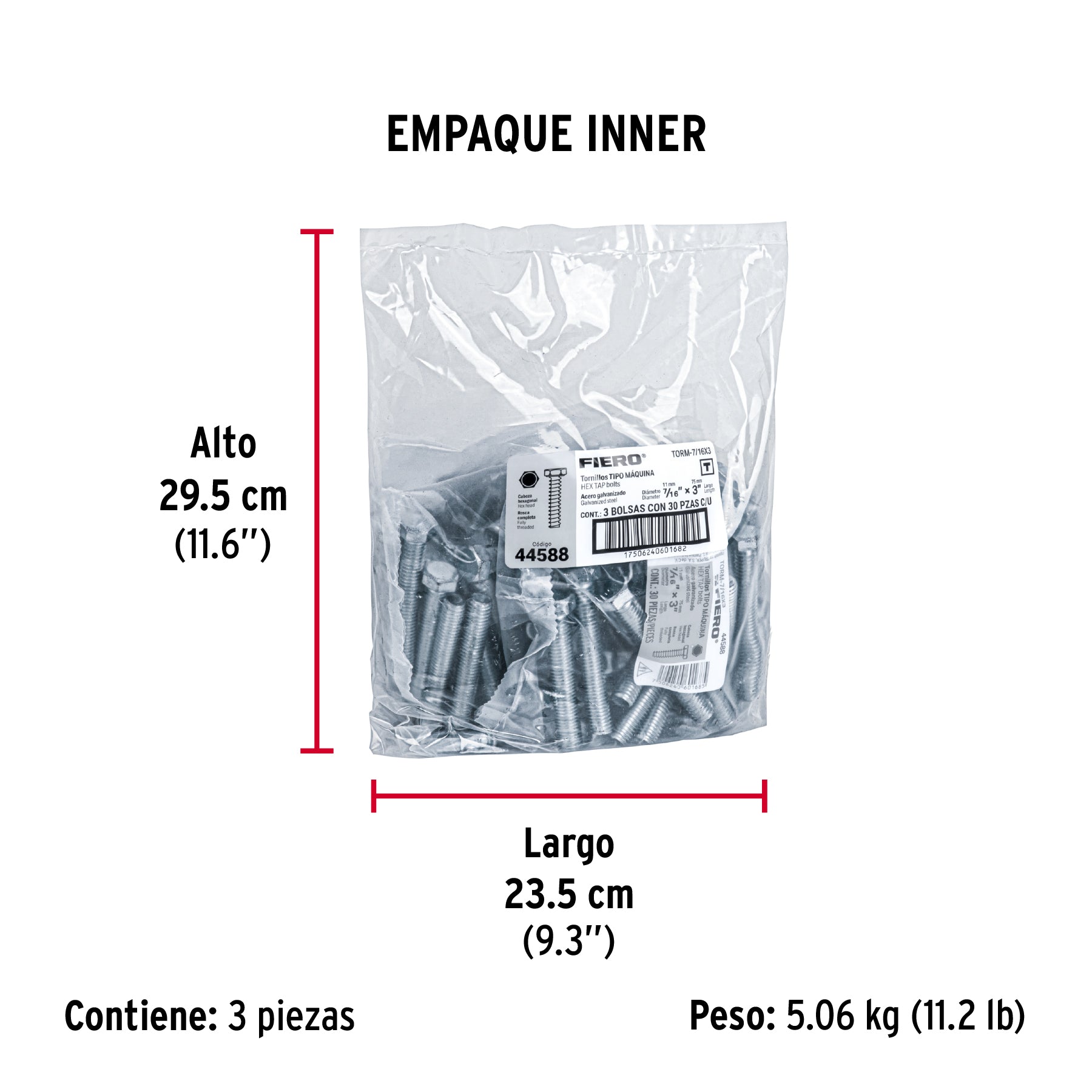 Tornillo acero galvanizado tipo máquina 7/16x3", 30 pzas