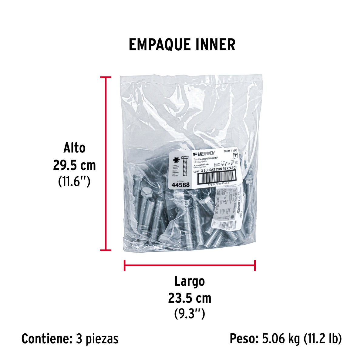Tornillo acero galvanizado tipo máquina 7/16x3", 30 pzas