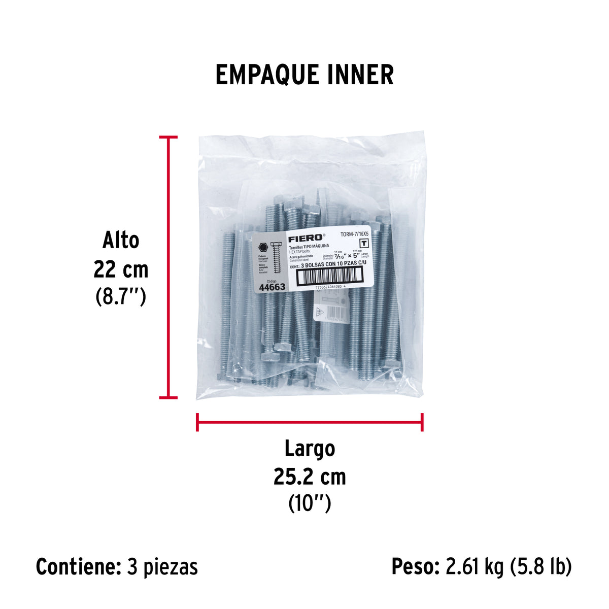 Tornillo acero galvanizado tipo máquina, 7/16X5", 10 pzas