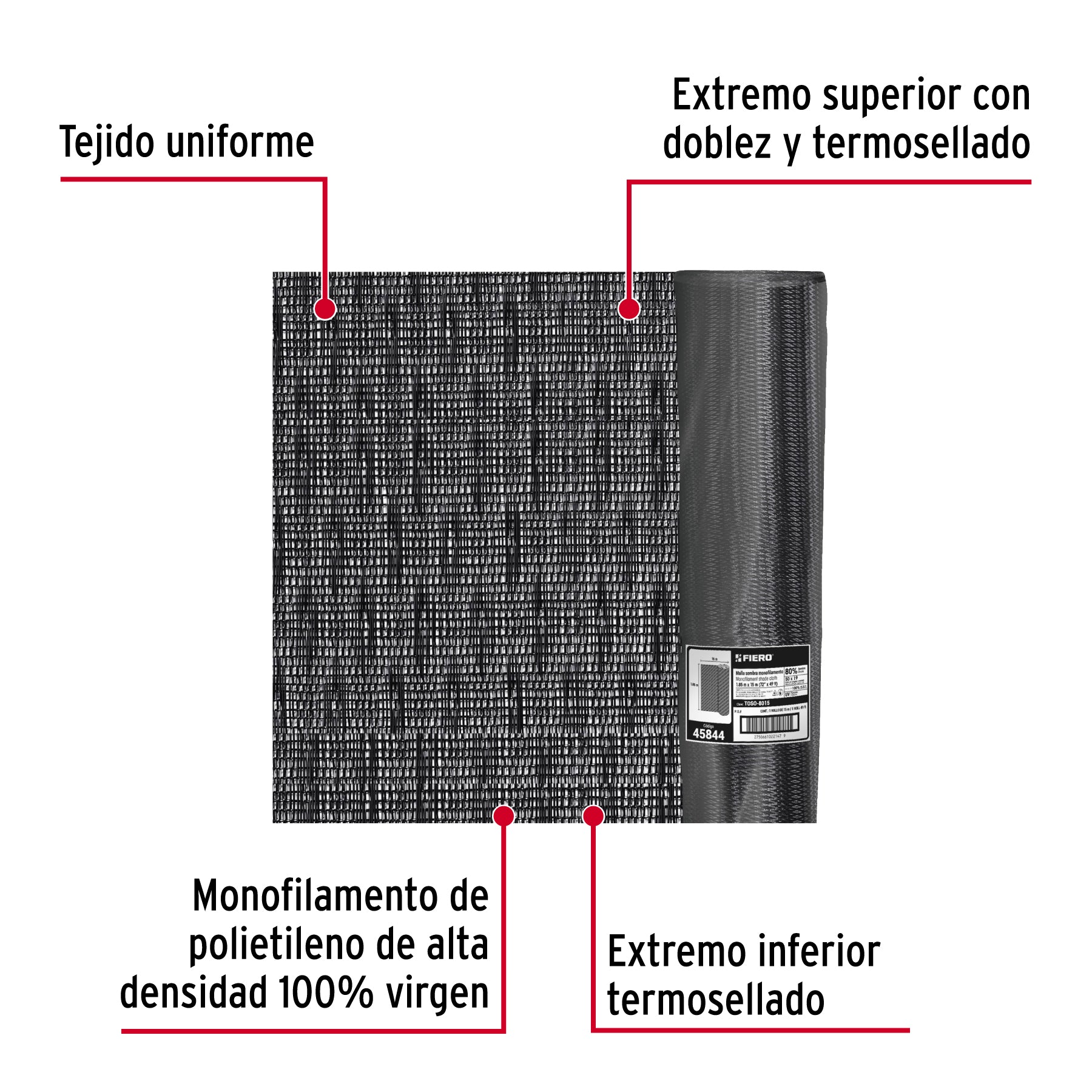 Rollo de malla sombra monofilamento 80%, 15m x 1.85m, negro
