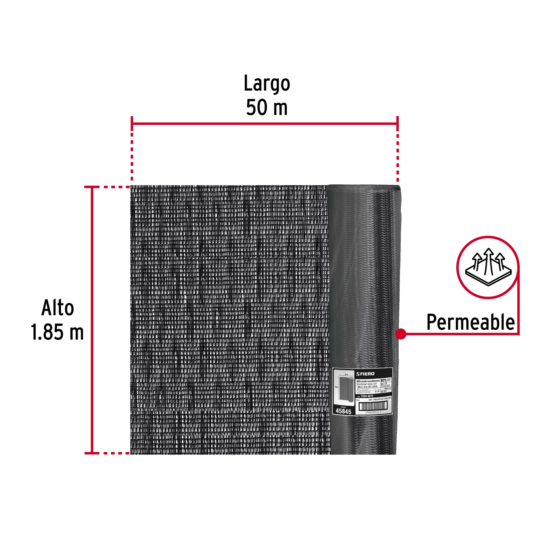 Rollo de malla sombra monofilamento 80%, 50m x 1.85m, negro
