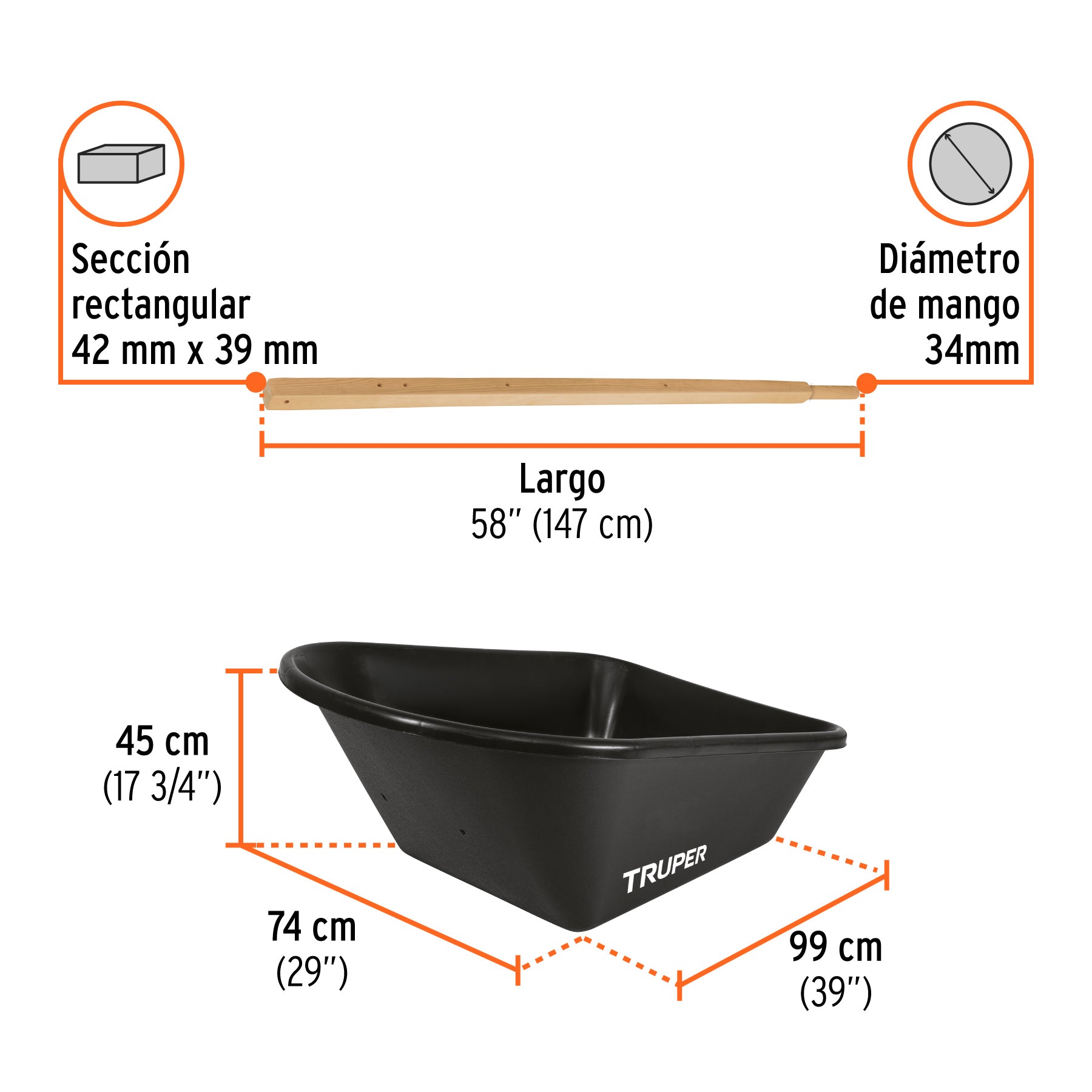 Carretilla concha plástica 6 ft3 Neumática b/madera, Truper