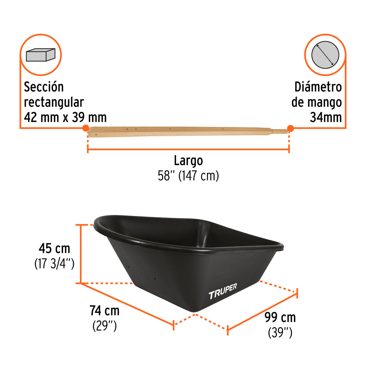 Carretilla concha plástica 6 ft3 Neumática b/madera, Truper