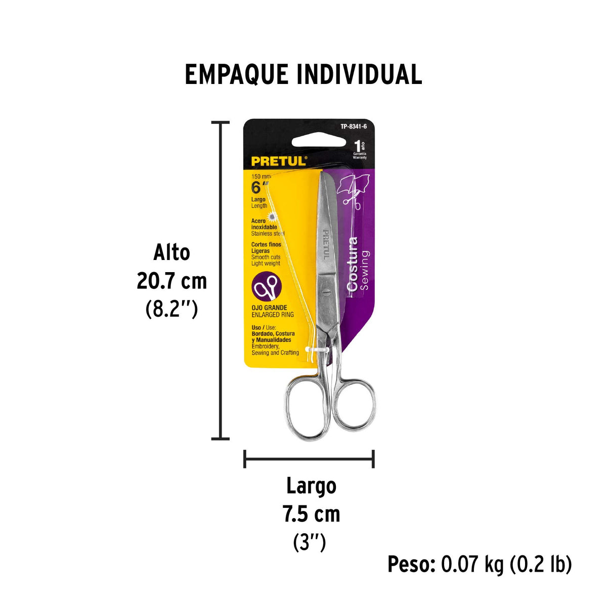 Tijera para costura, 6" ojo grande, Pretul