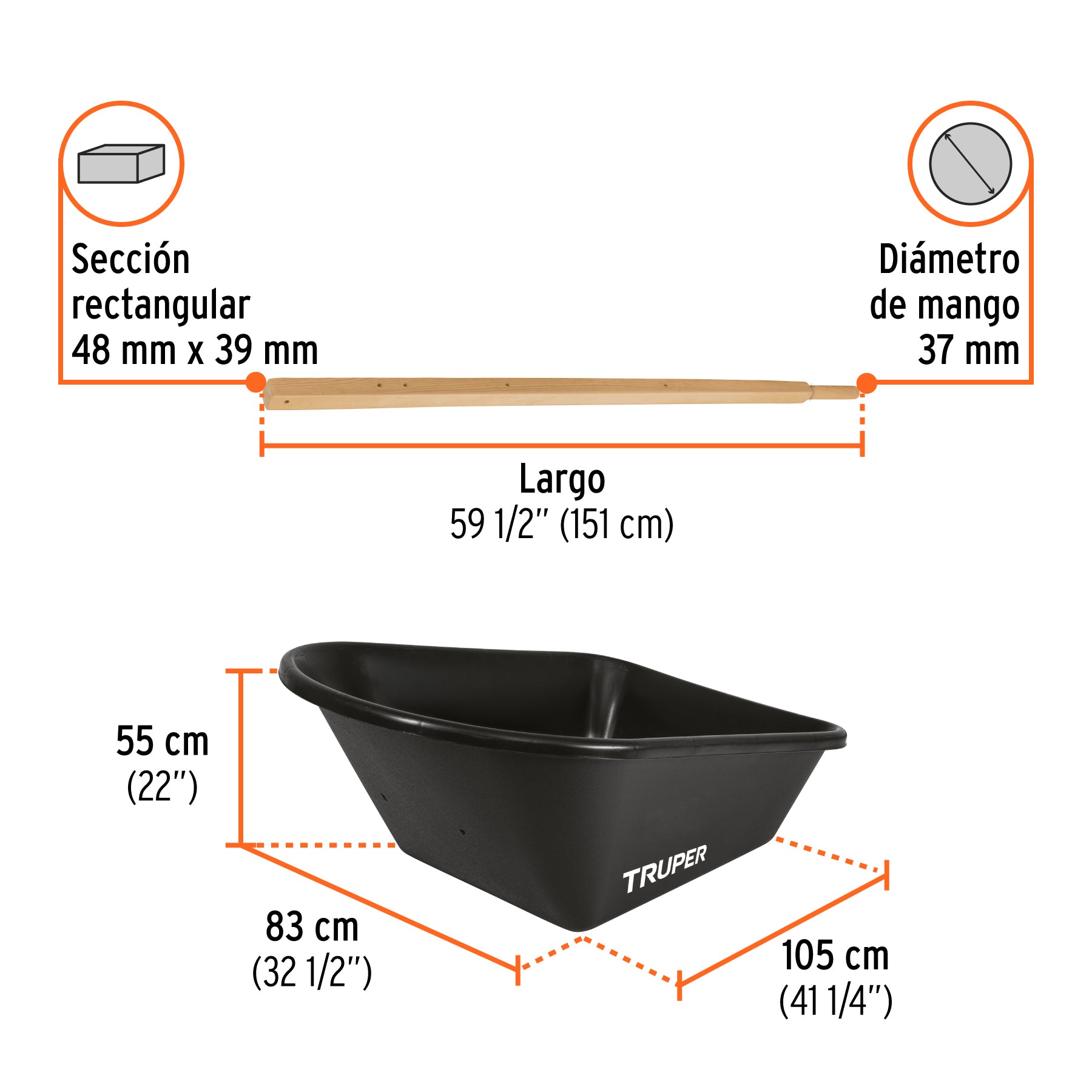 Carretilla 8ft3, bandeja plástica, mgos/madera,llanta ligera