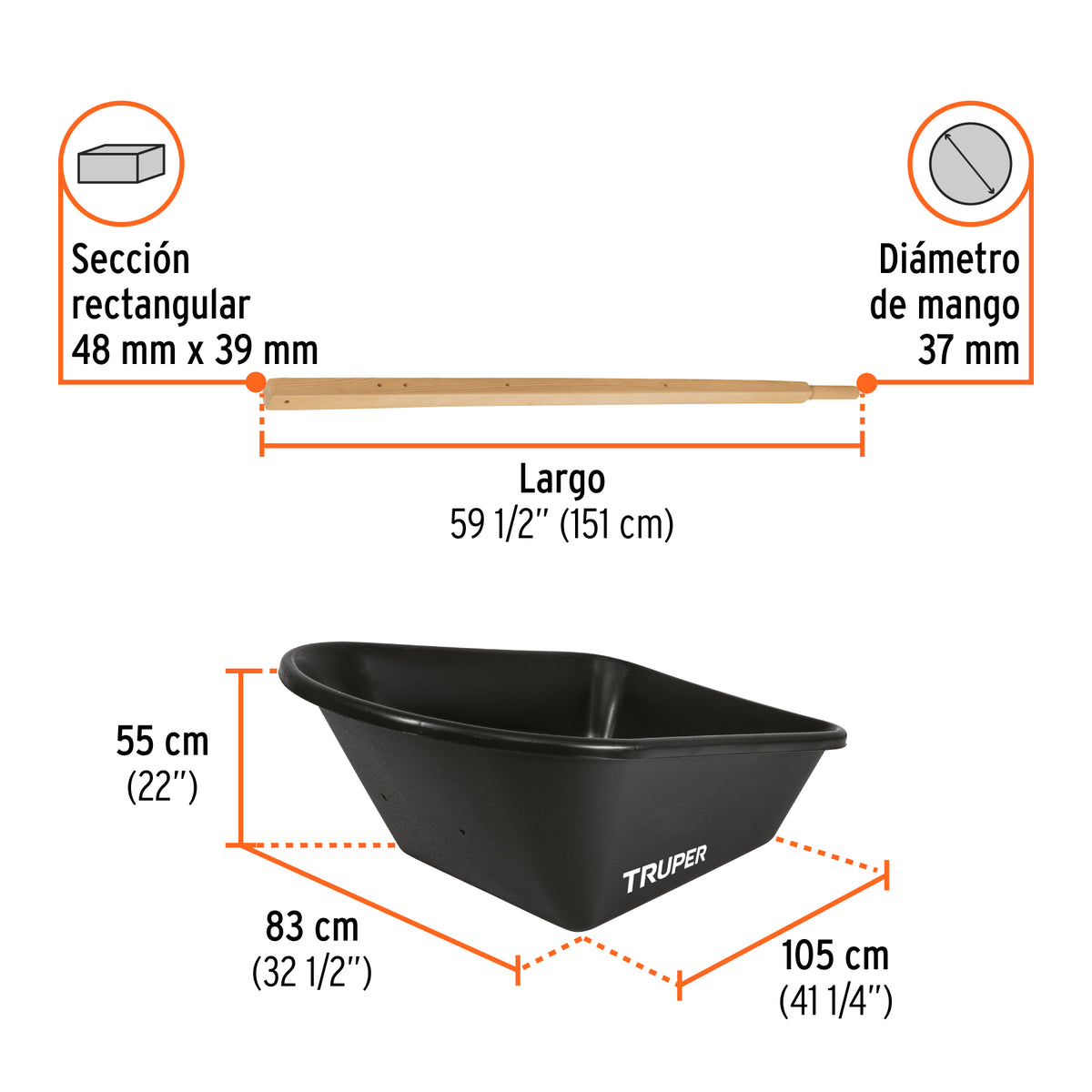 Carretilla 8ft3, bandeja plástica, mgos/madera,llanta ligera