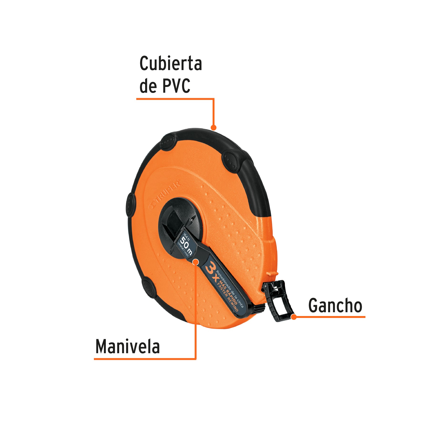 Cinta larga, carcasa plástica, 50 m, metálica