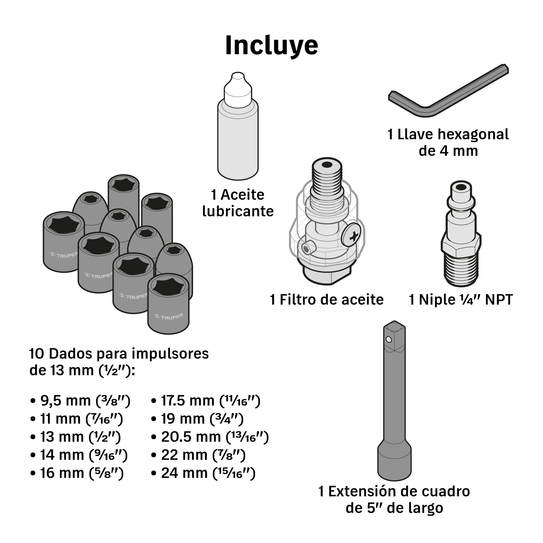 Llave neumática, industrial, 1/2", kit
