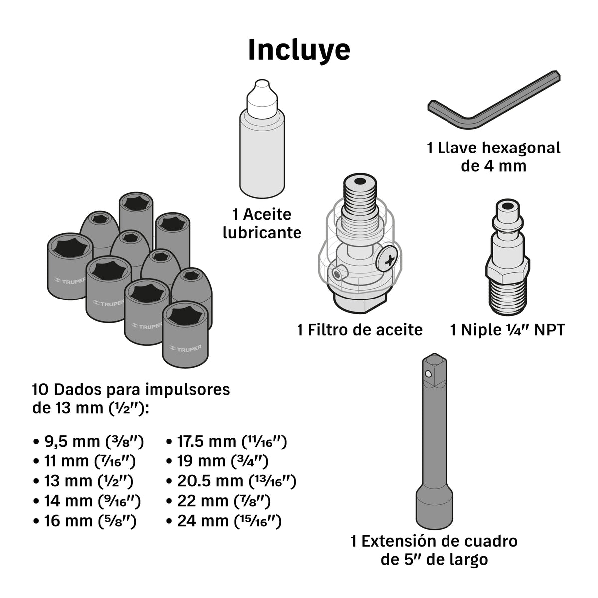 Llave neumática, industrial, 1/2", kit