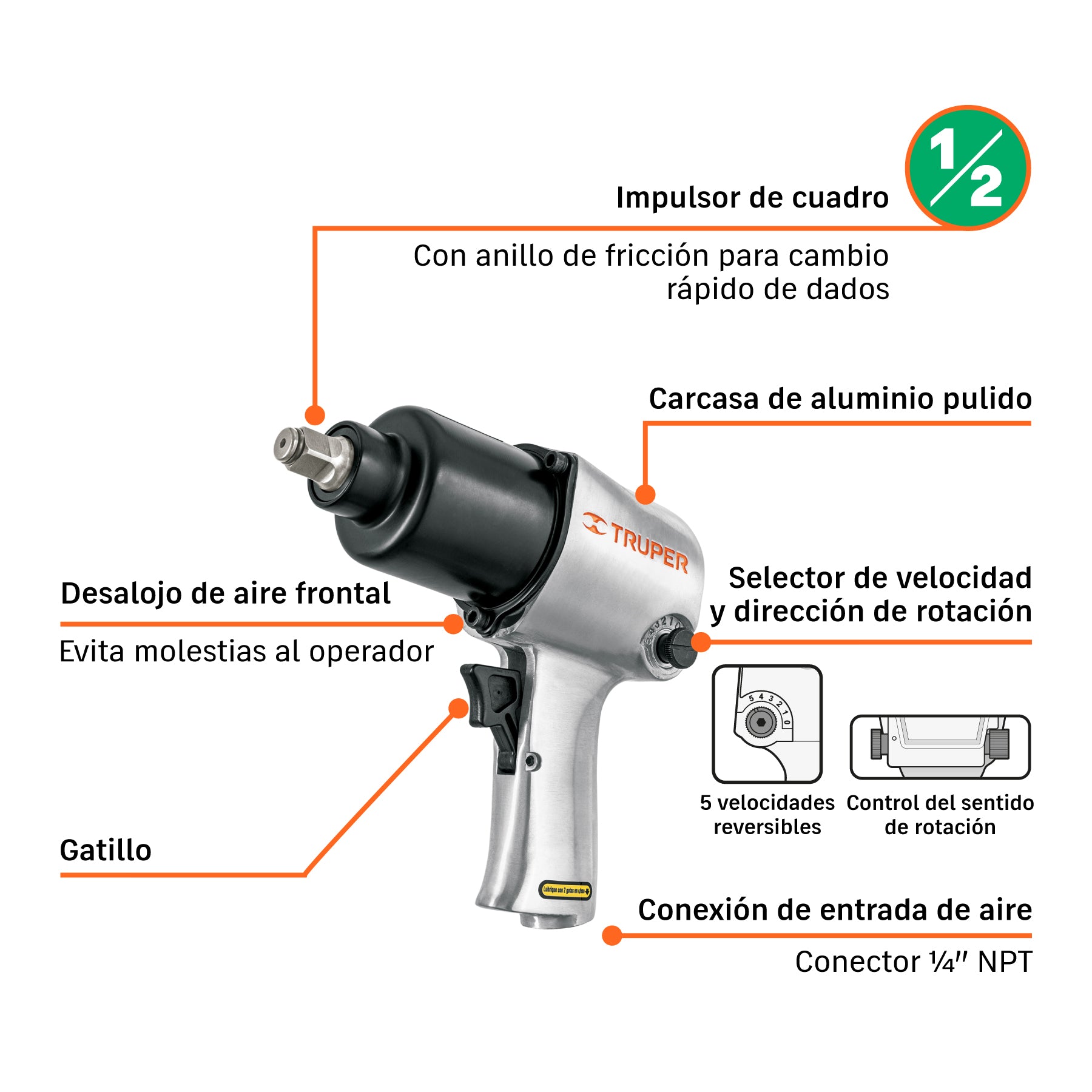 Llave neumática de impacto, industrial, 1/2"