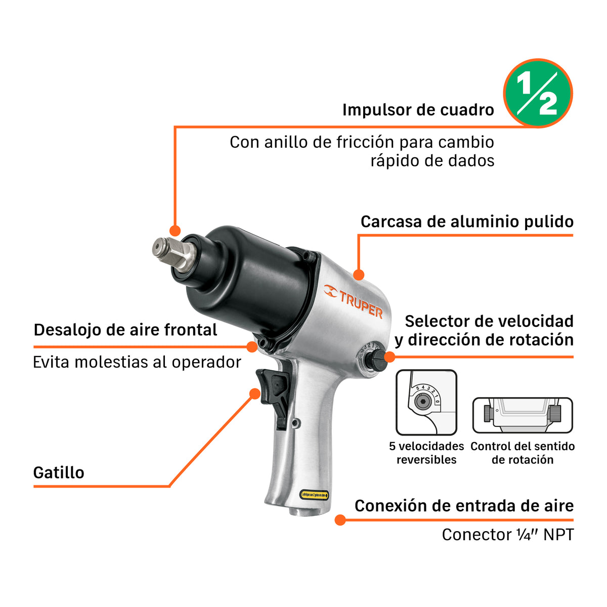 Llave neumática de impacto, industrial, 1/2"