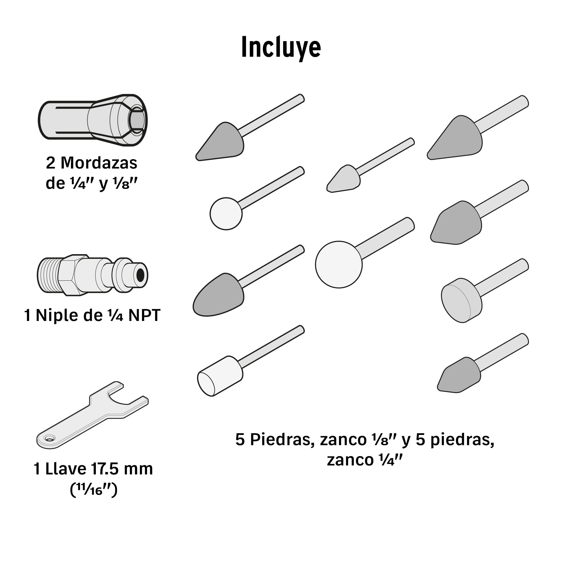 Miniesmeriladora neumática, 1/4", kit 16 piezas