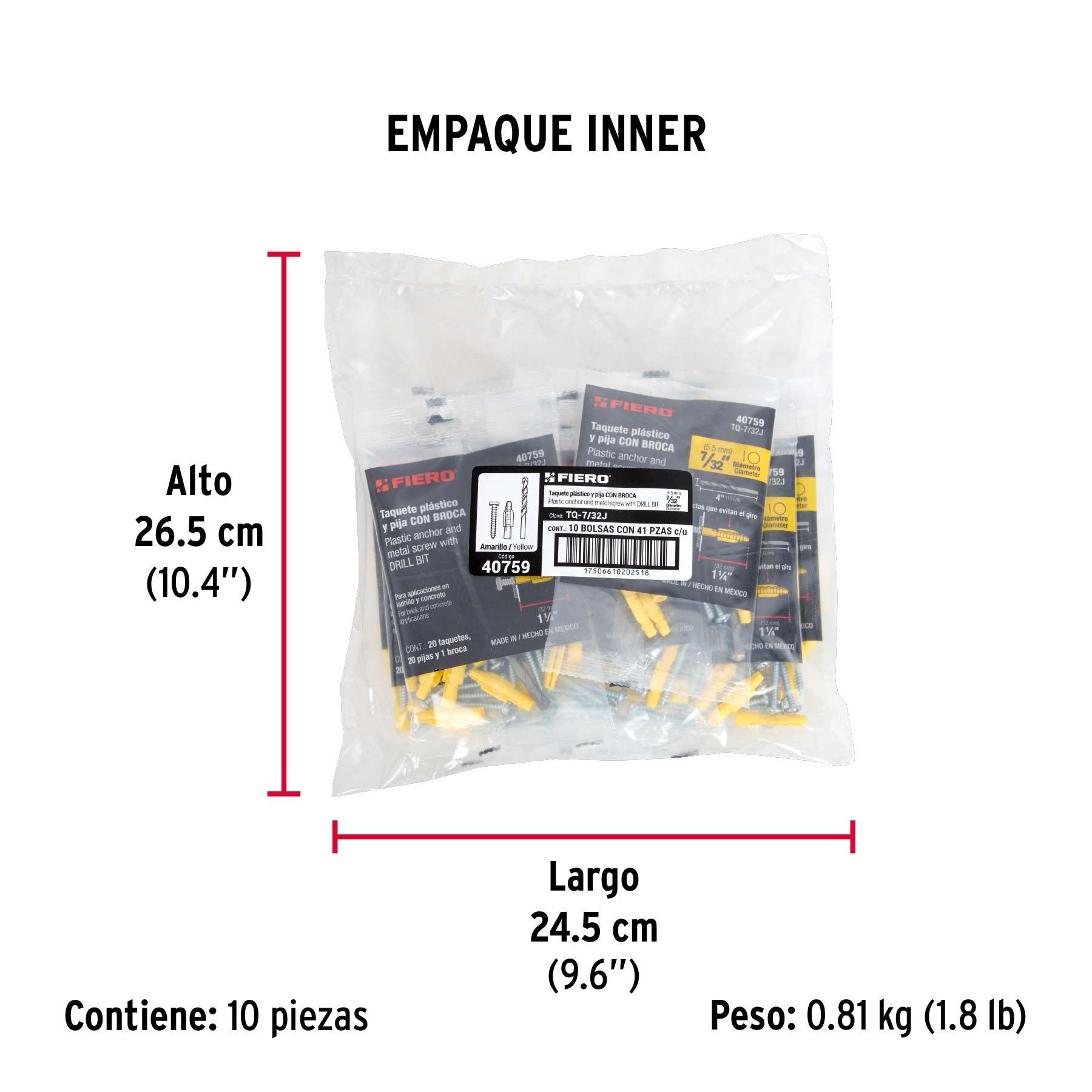 Kit de 20 taquetes 7/32' con pijas #8 y 1 broca 1/4', Fiero