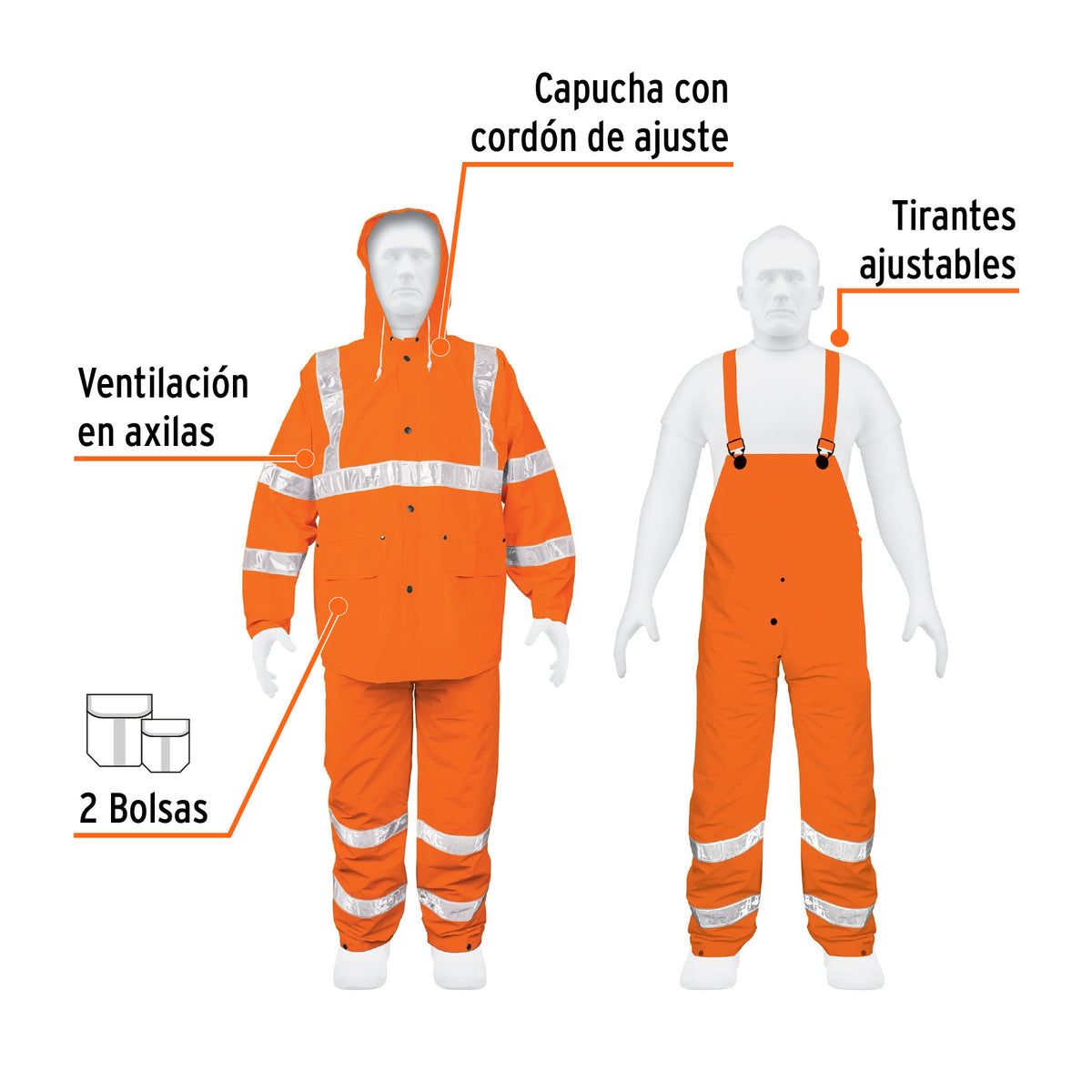 Conjunto impermeable c/reflejante, naranja, talla chica, PVC