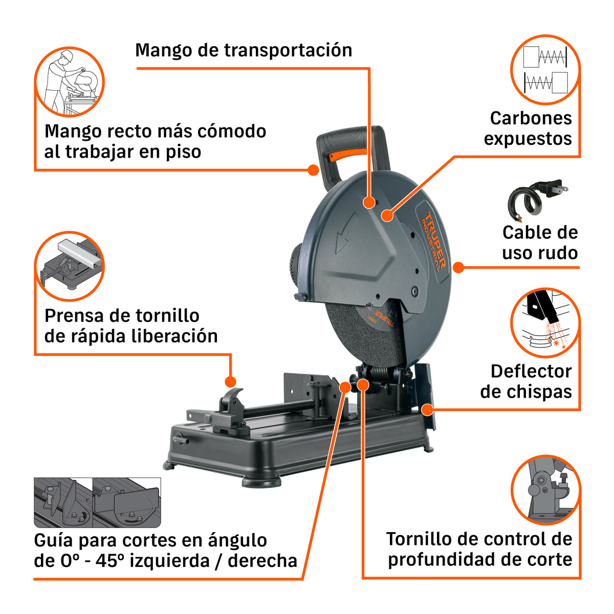 Tronzadora / cortadora de metales 14", 2200 W mango en "D"