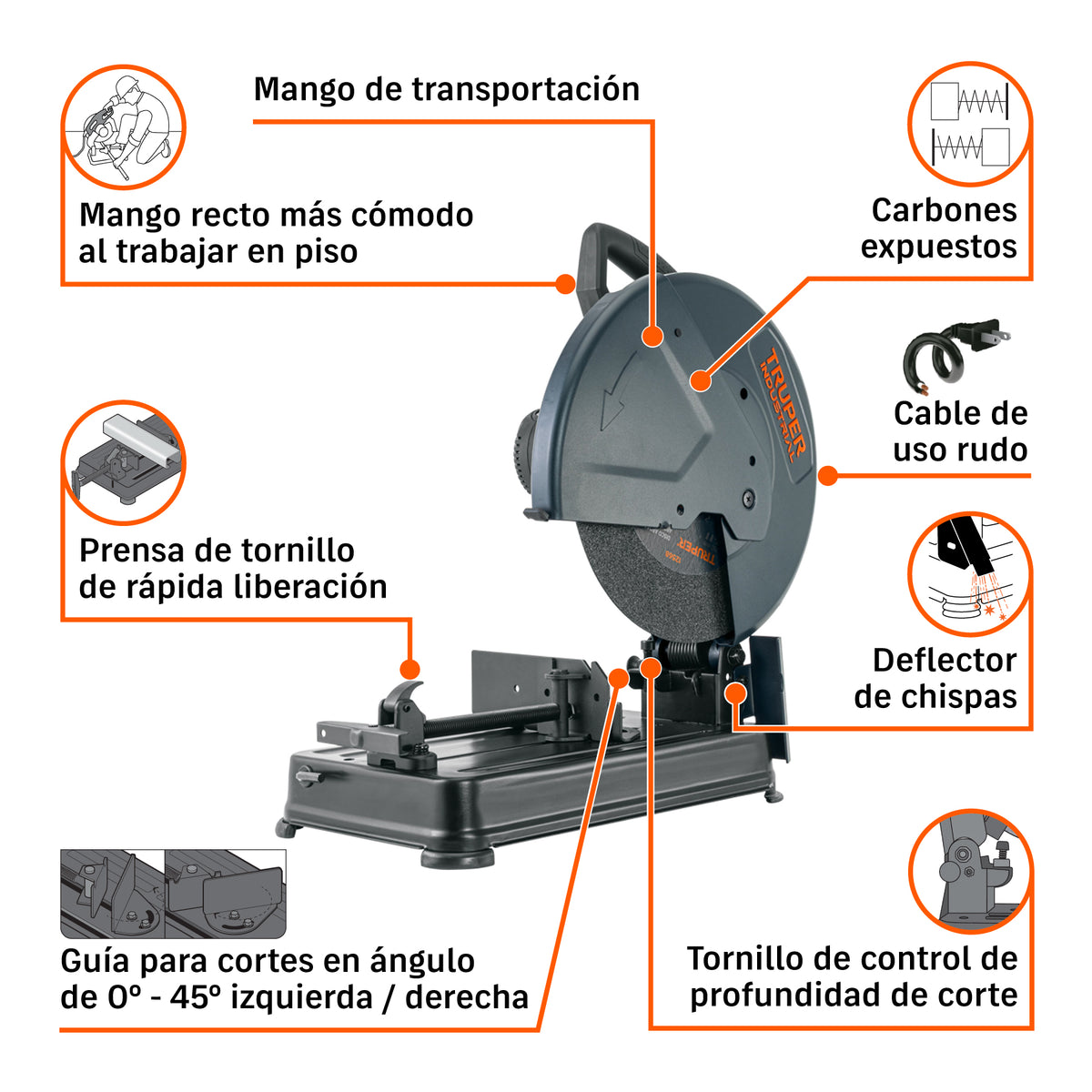 Tronzadora / cortadora de metales 14", 2200 W mango recto
