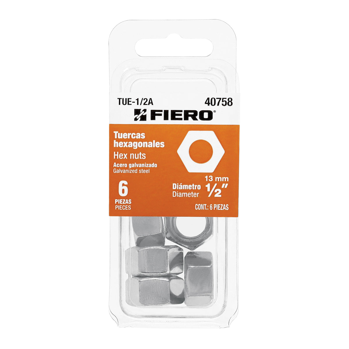 Blíster con 6 tuercas 1/2' hex de acero galvanizado, Fiero