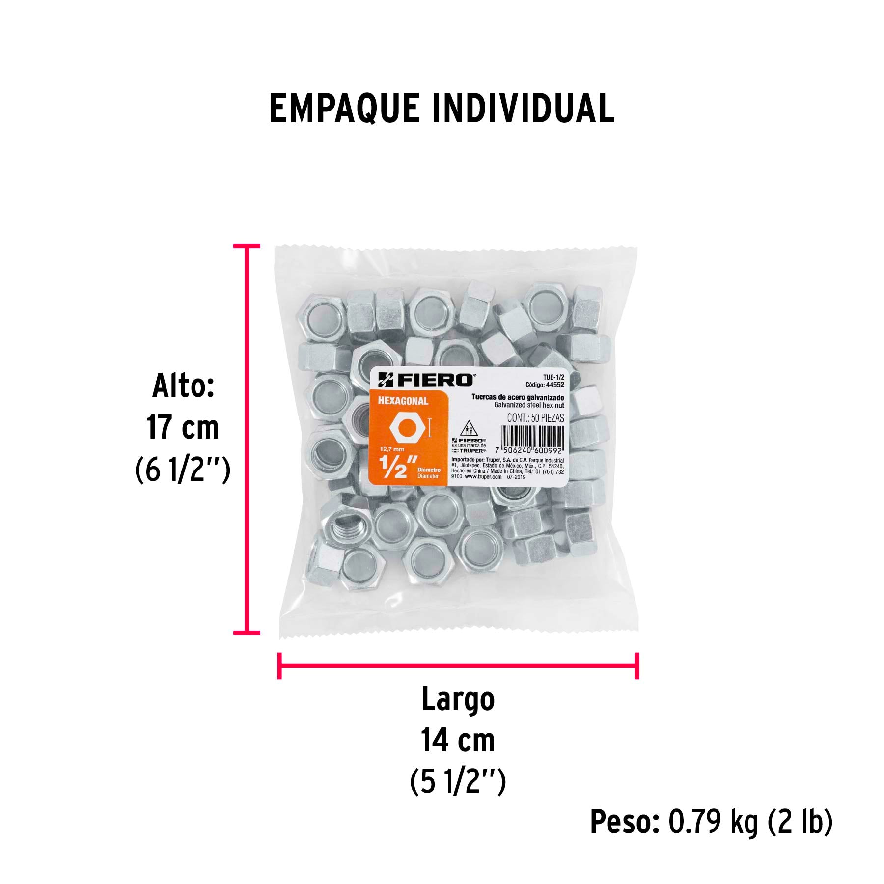 Tuerca de acero galvanizado hexagonal de 1/2", 50 pzas