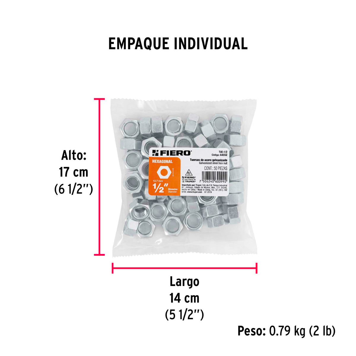 Tuerca de acero galvanizado hexagonal de 1/2", 50 pzas
