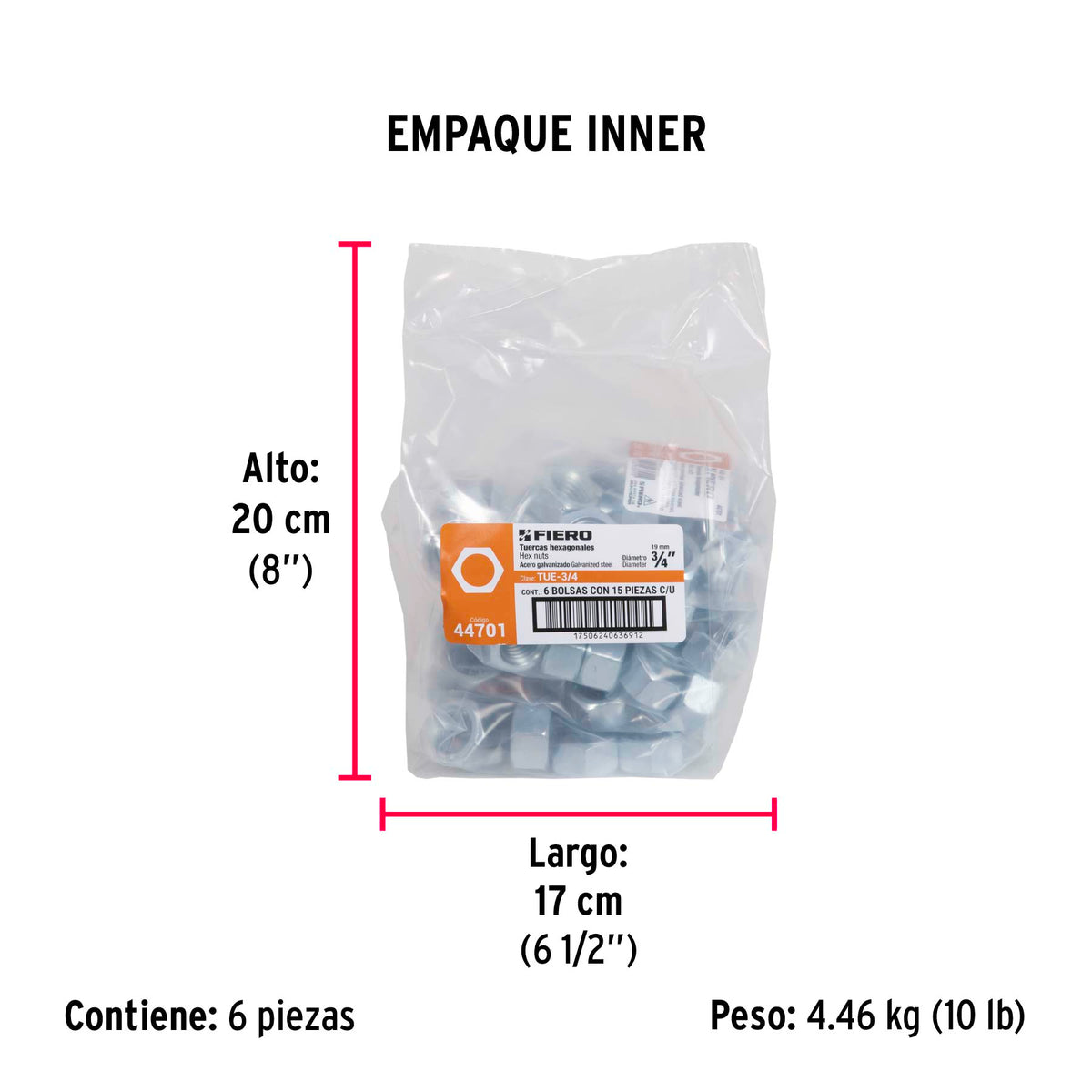 Tuerca de acero galvanizado hexagonal de 3/4", 15 pzas