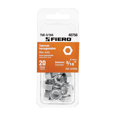 Blíster con 20 tuercas 5/16' hex de acero galvanizado, Fiero