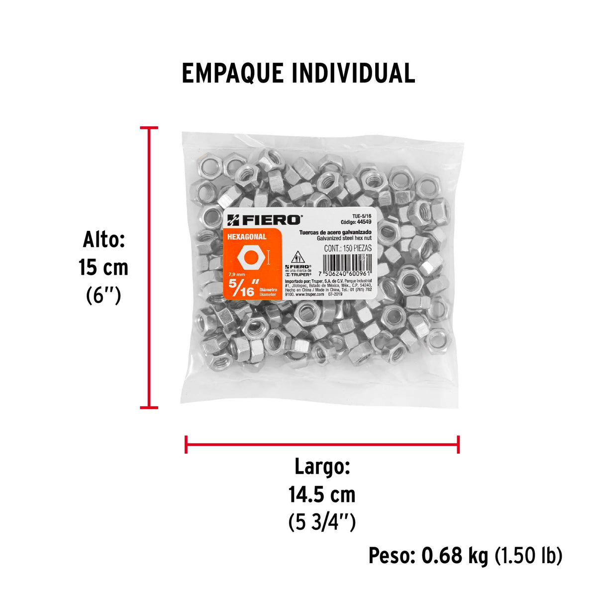 Tuerca de acero galvanizado hexagonal de 5/16", 150 pzas