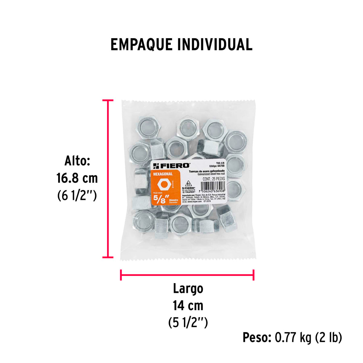 Tuerca de acero galvanizado hexagonal de 5/8", 25 pzas