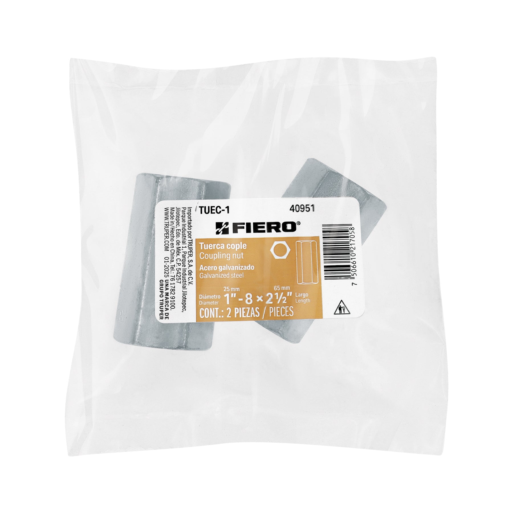 Bolsa con 2 tuercas cople, 1' acero galvanizado , FIERO