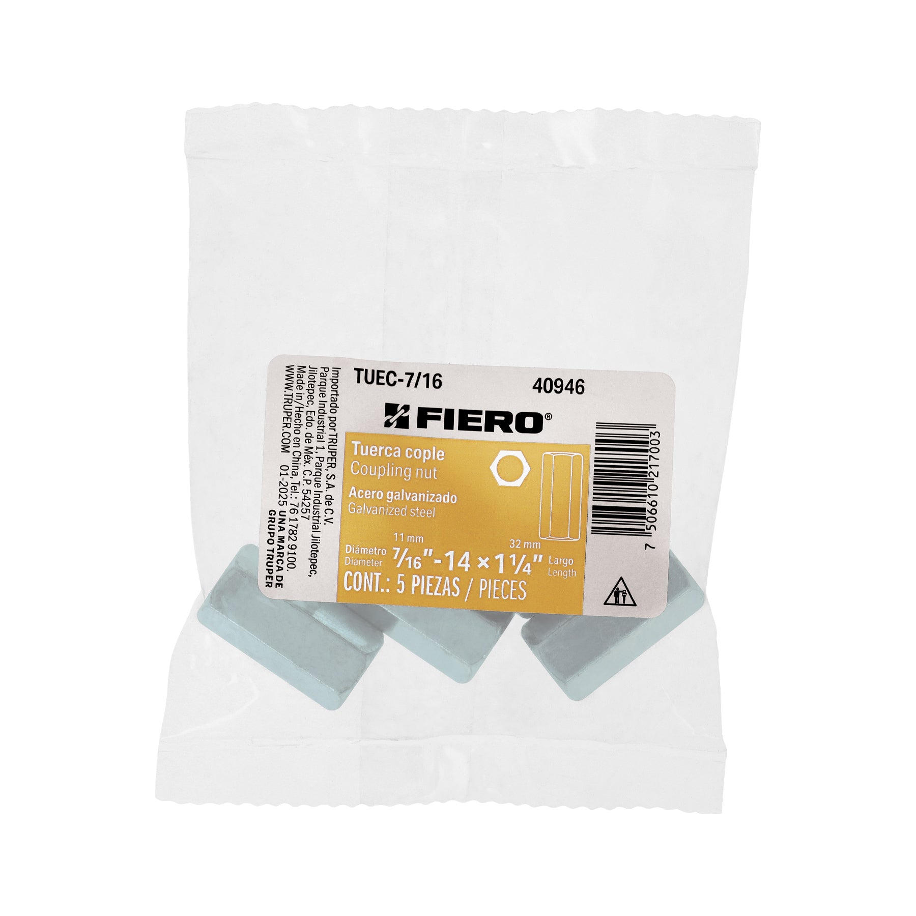 Bolsa con 5 tuercas cople, 7/16' acero galvanizado , FIERO