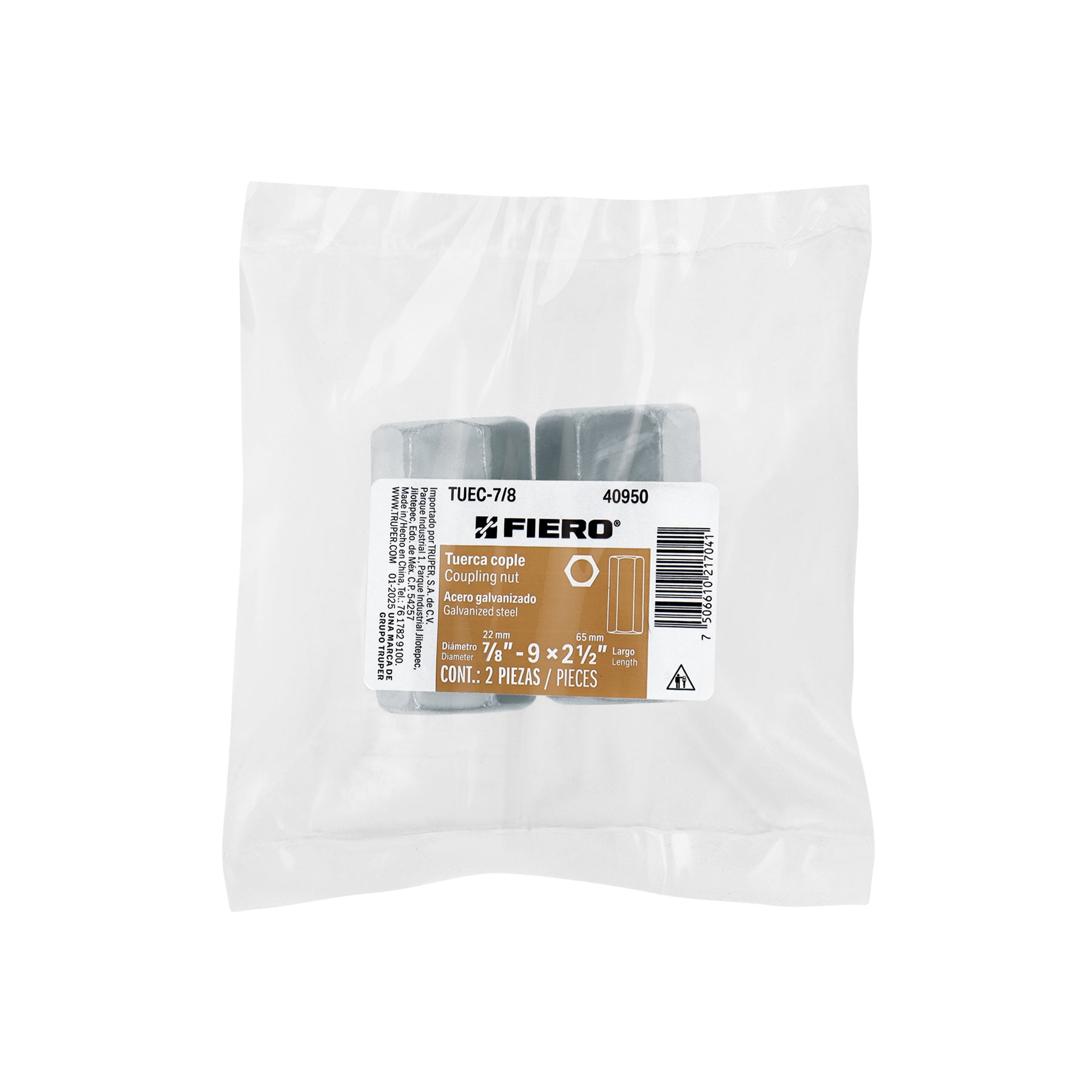 Bolsa con 2 tuercas cople, 7/8' acero galvanizado , FIERO