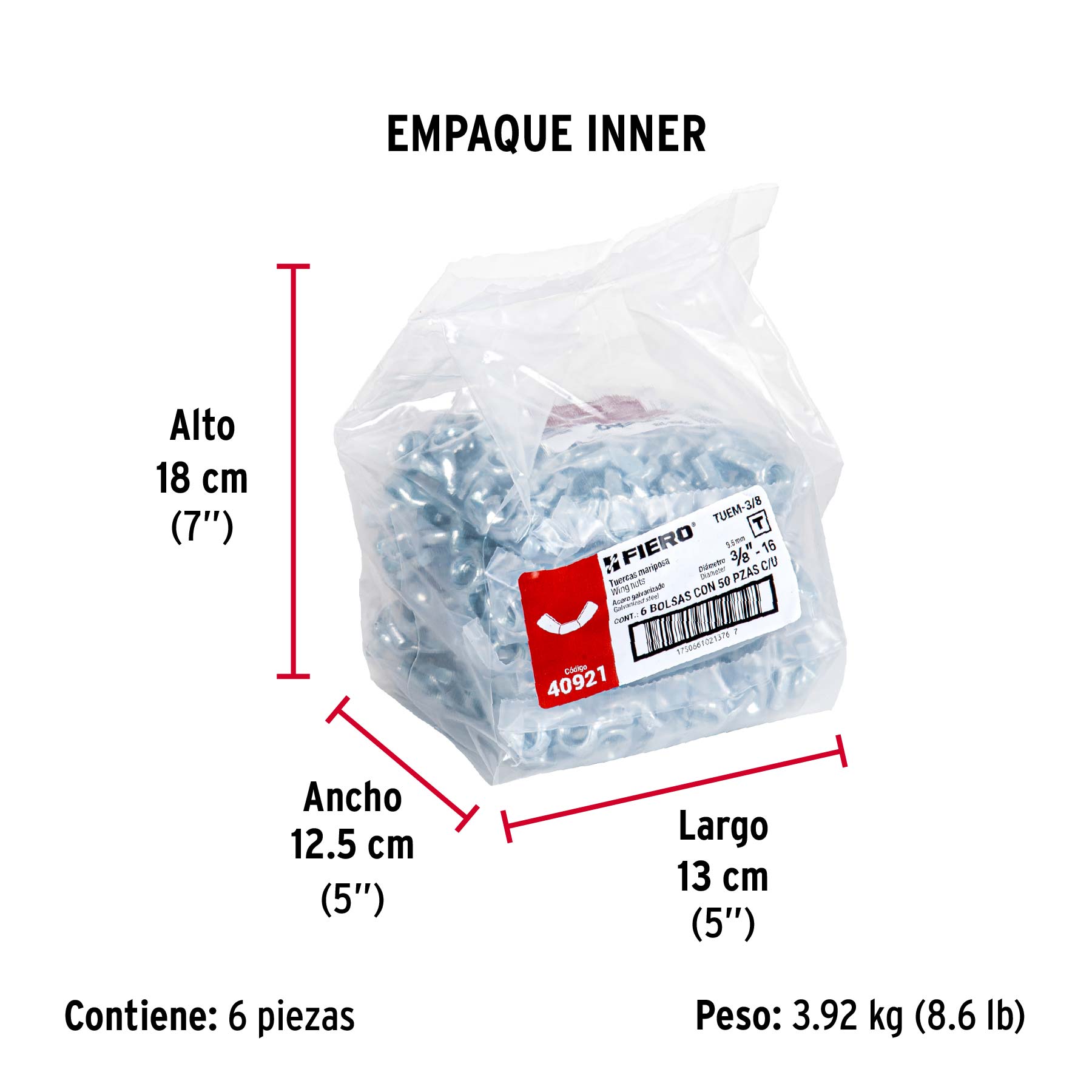 Bolsa con 50 tuercas tipo mariposa, 3/8' , FIERO