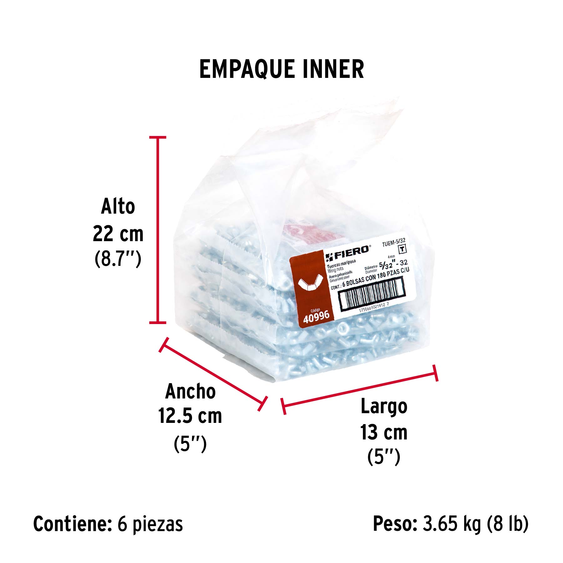 Bolsa con 180 tuercas tipo mariposa, 5/32' , FIERO