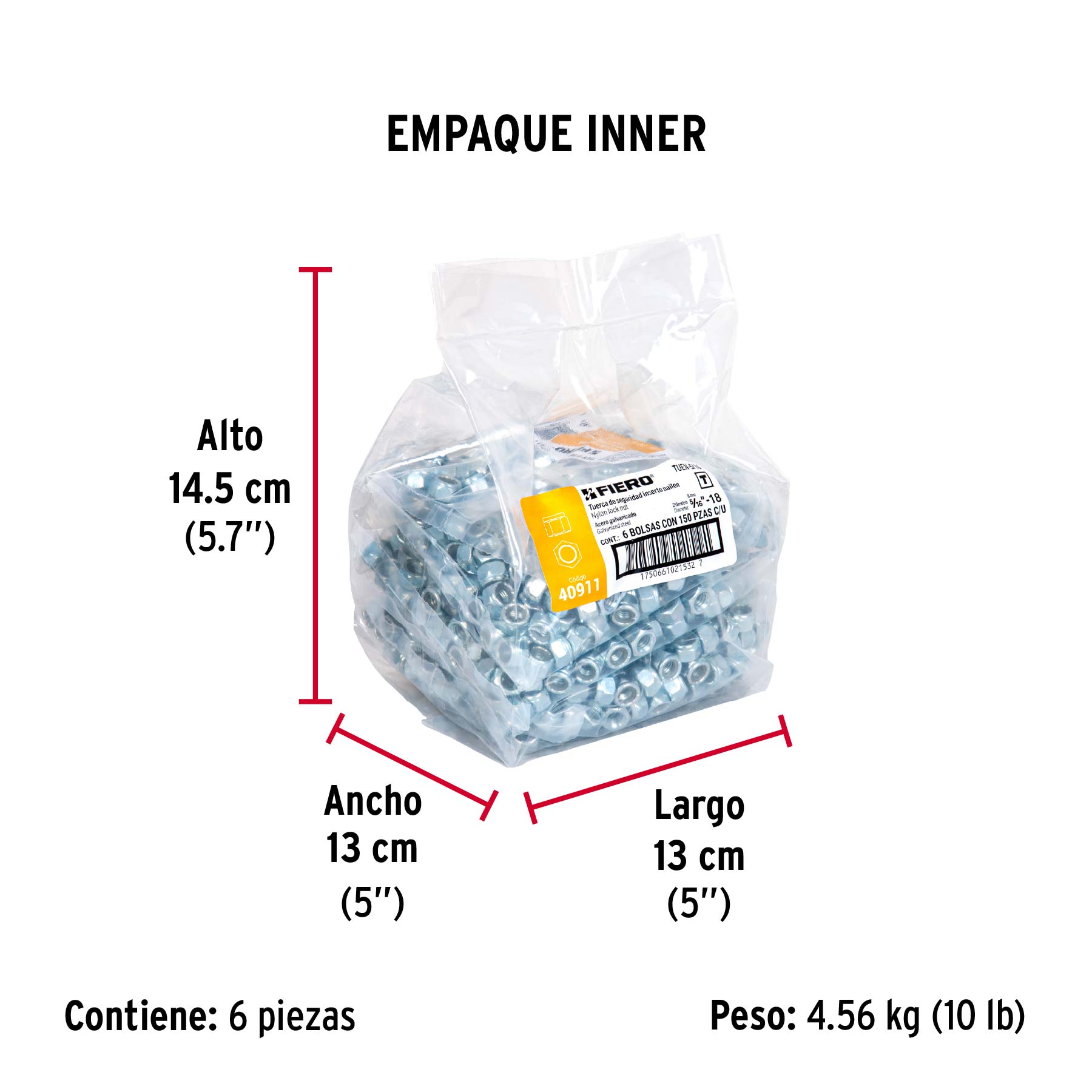 Bolsa con 150 tuercas de seguridad, 5/16' , FIERO