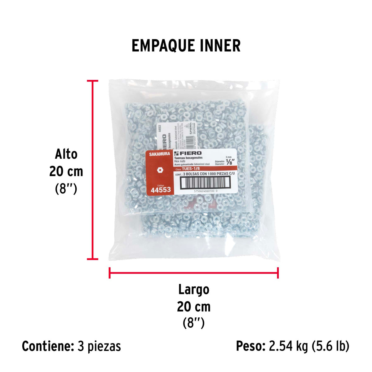 Tuerca de acero hexagonal de 1/8" tipo sakamura, 1,000 pzas
