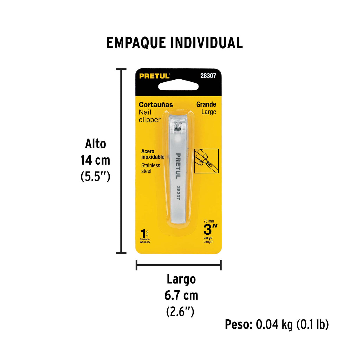 Corta uñas 3' acero inoxidable, Pretul
