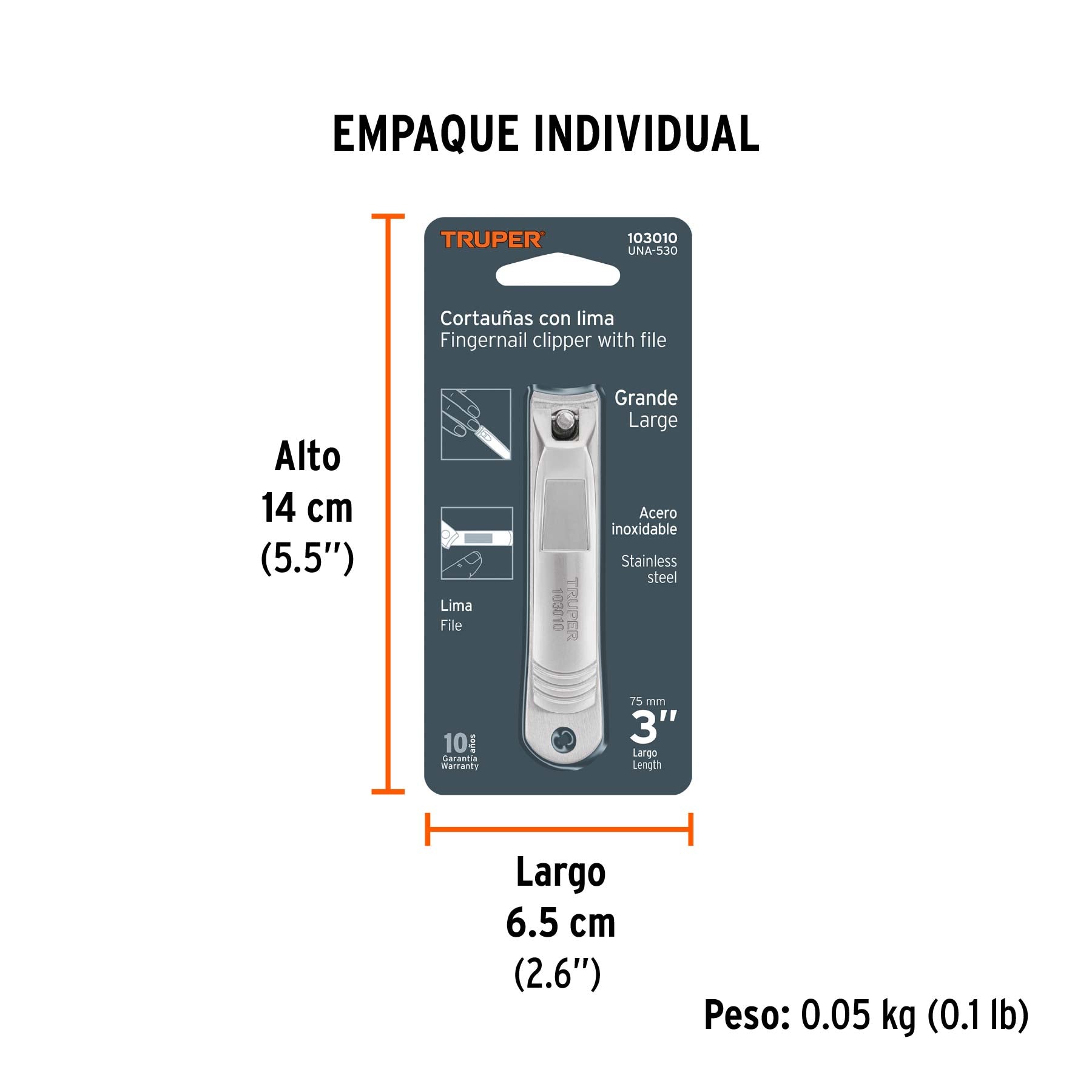 Corta uñas 3' acero inoxidable, Truper