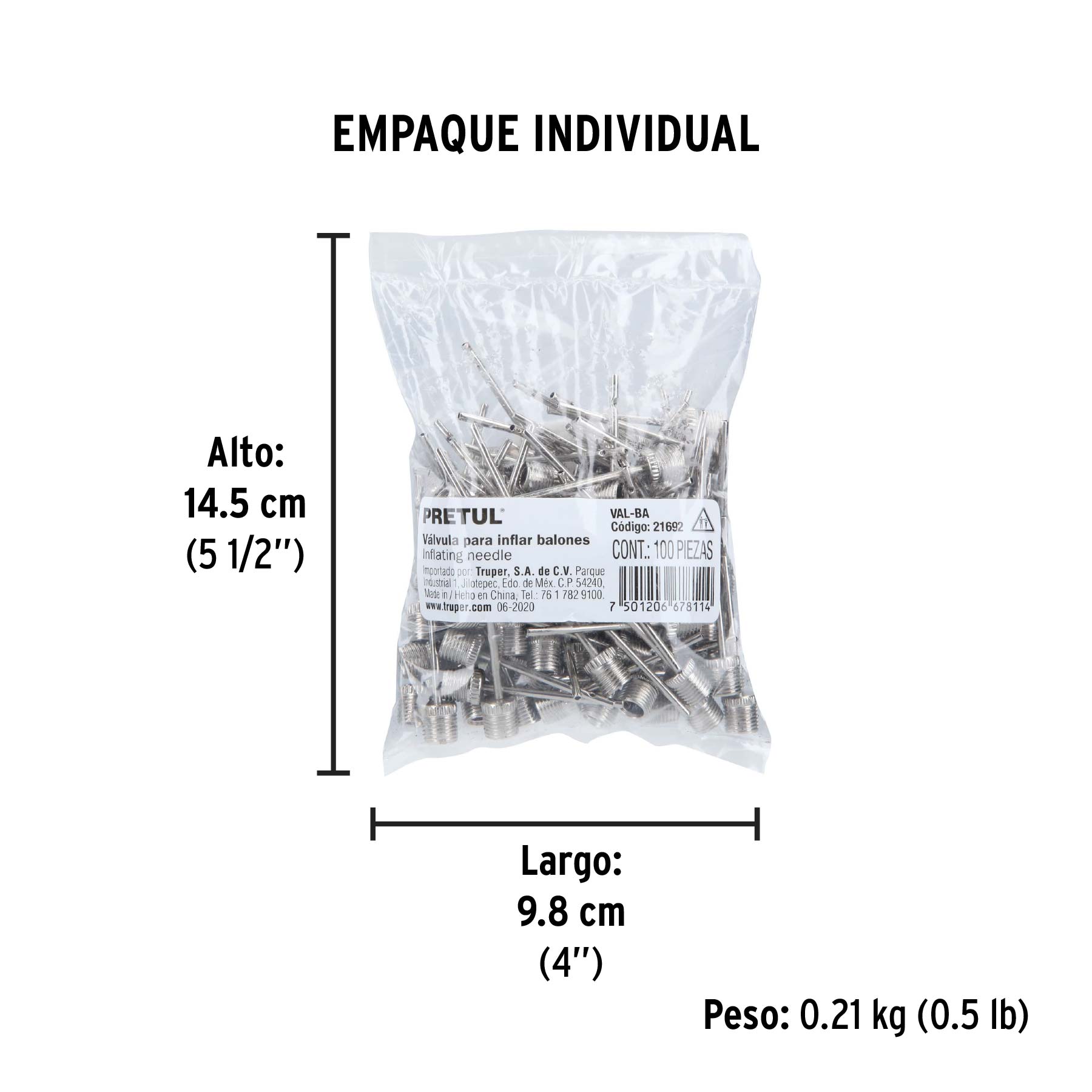 Válvula para inflar balones, bolsa 100 piezas, Pretul